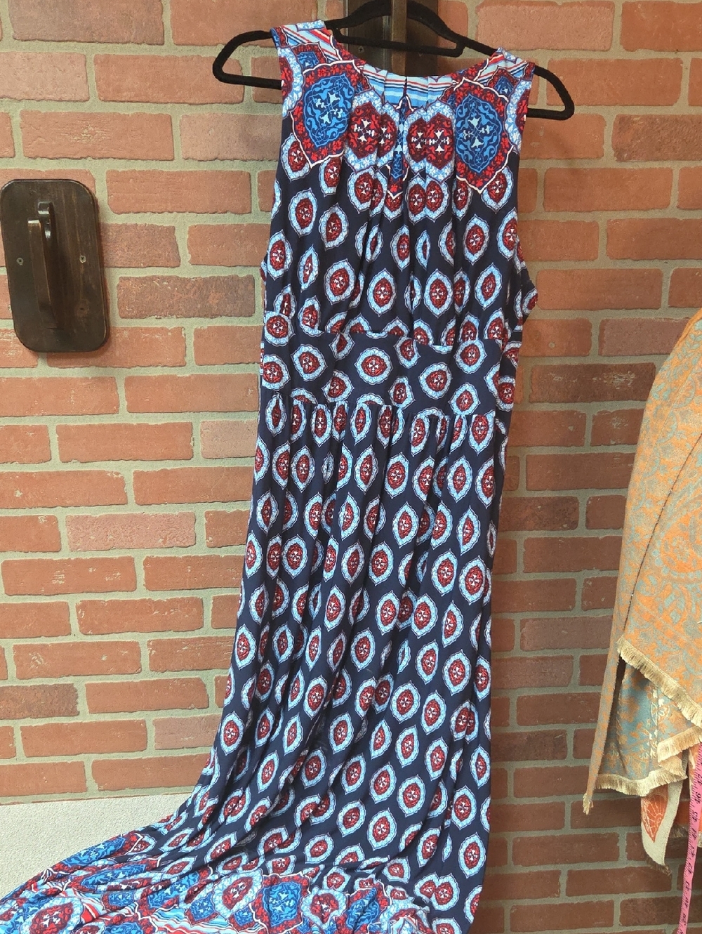 Sabrina Blue Sleeveless Navy Maxi Dress with Red & Light Blue Medallion Print 2x